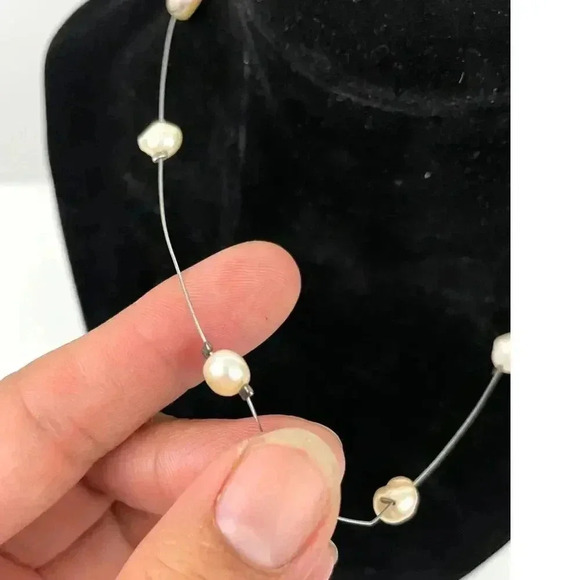 Baroque Pearl Wire Floating Necklace Silver .925 15" Choker - Picture 6 of 8